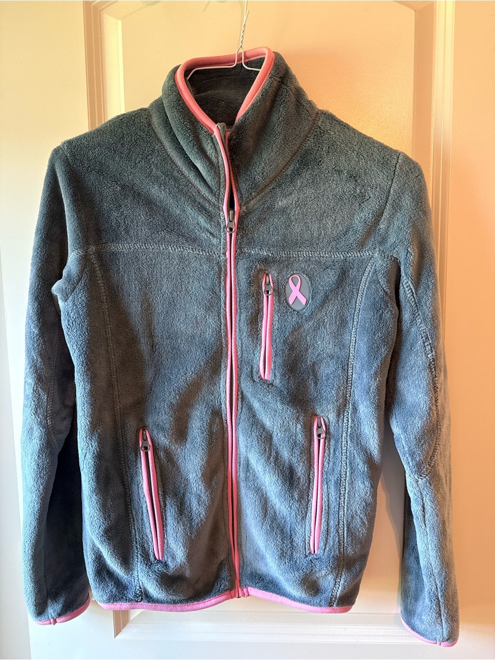 Women’s Gray Fleece Jacket with Pink Trim & Breast Cancer Ribbon